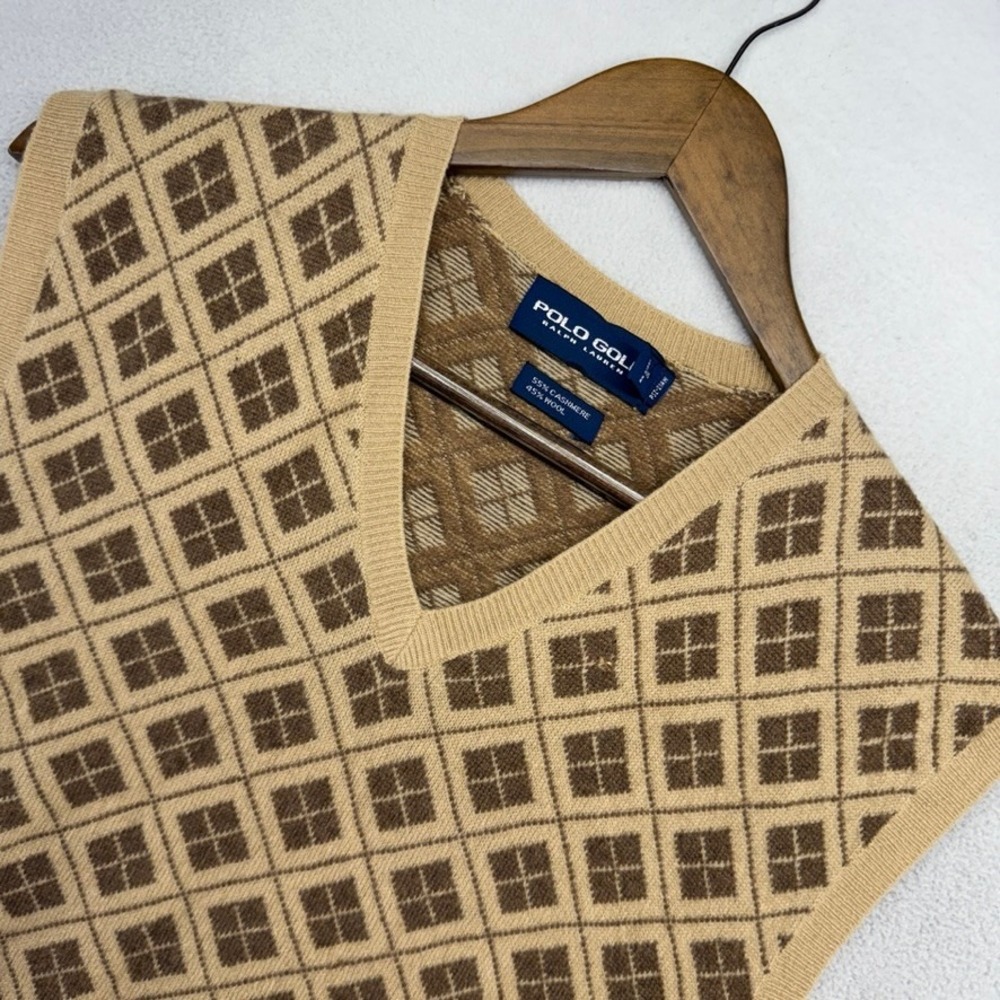 Vintage Ralph Lauren Sweater Vest Mens XL Tan Argyle Polo Golf Cashmere Wool 90s